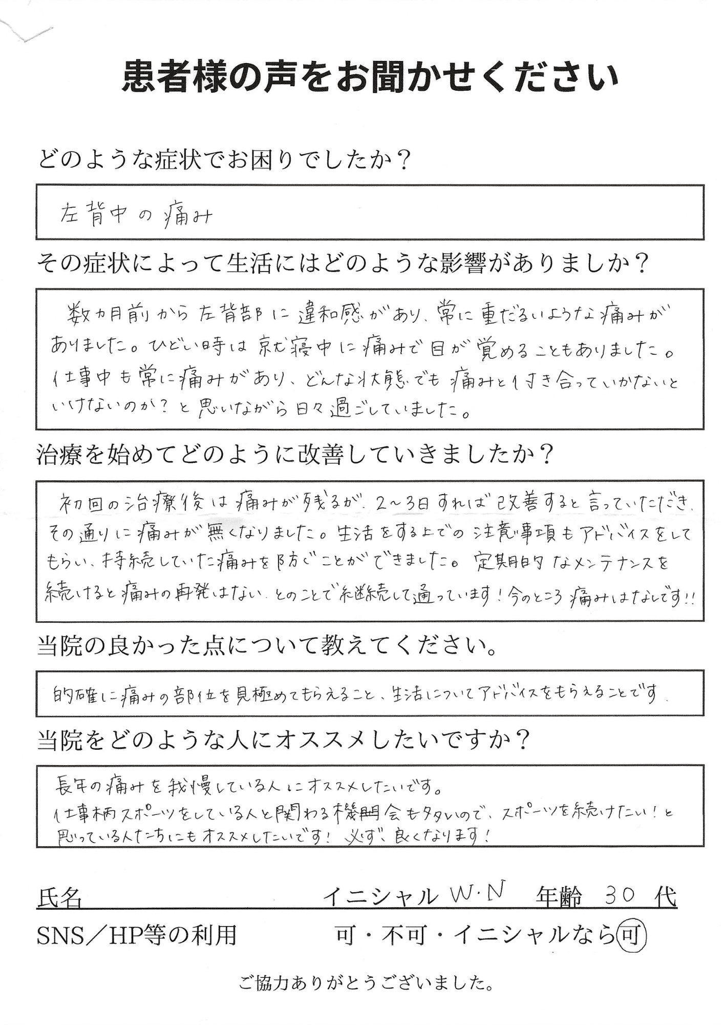 背中の痛みが改善しました！